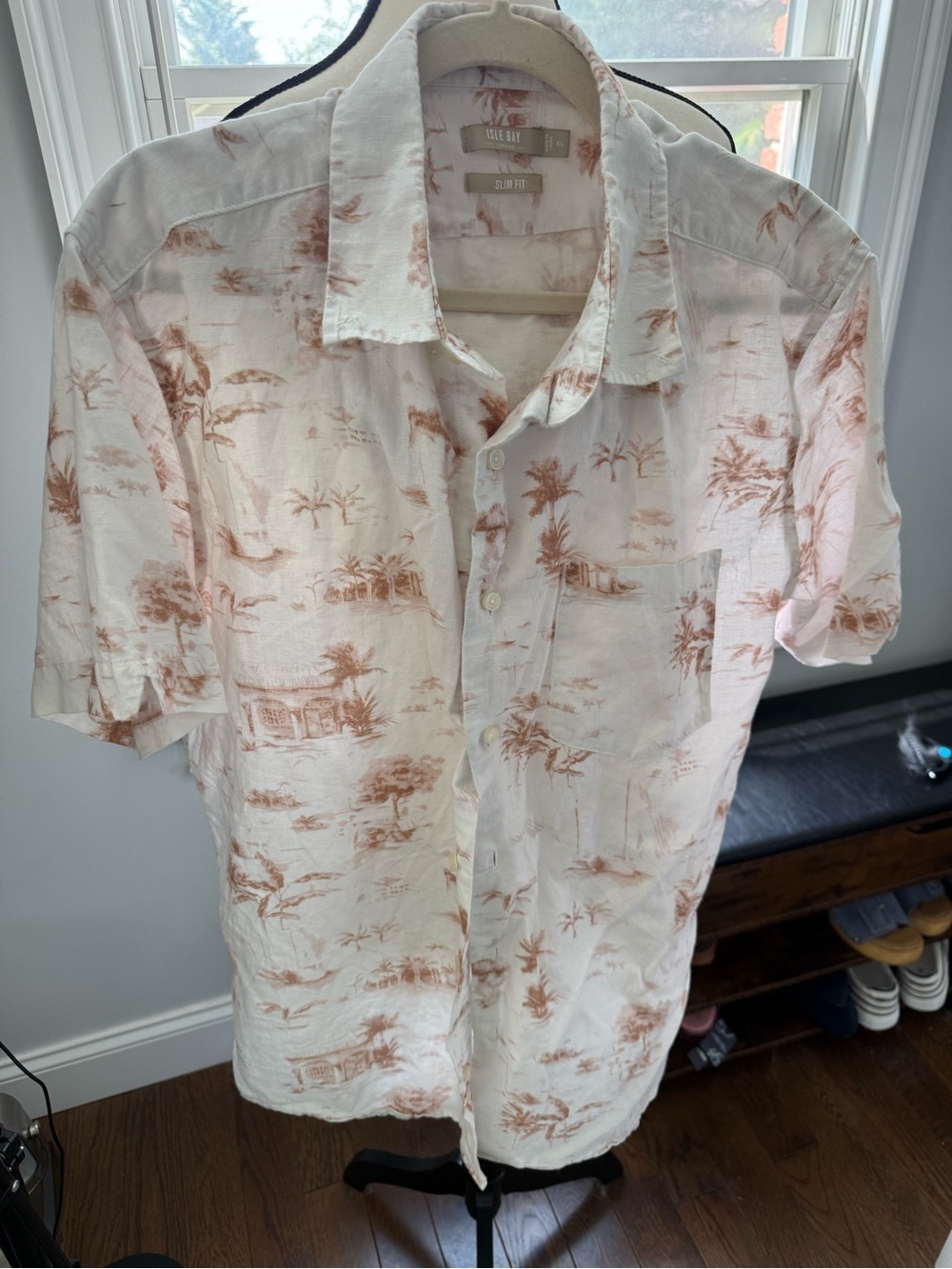 Isle Bay Linen & Cotton Men's Short Sleeve Button-Down Shirt Szie XL Slim Fit